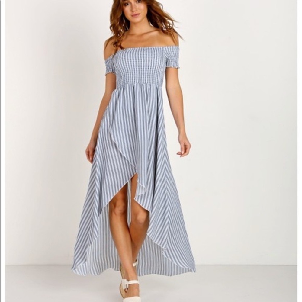 Like New Show Me Your MuMu Willa Maxi She Sails Striped, off the shoulder dress